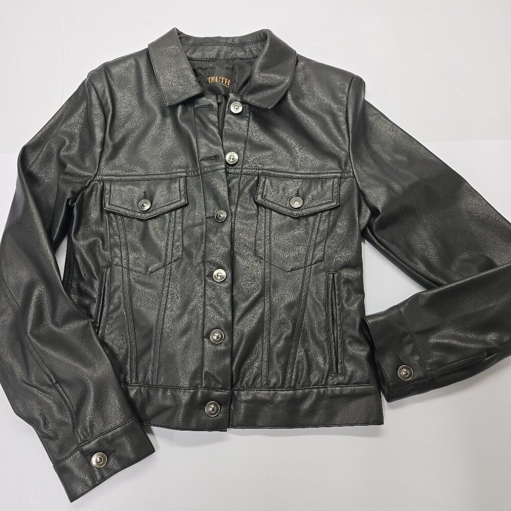 Truth by Republic Black Faux Leather Trucker Jacket Size Small